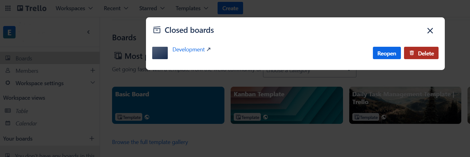 how to delete a board in trello